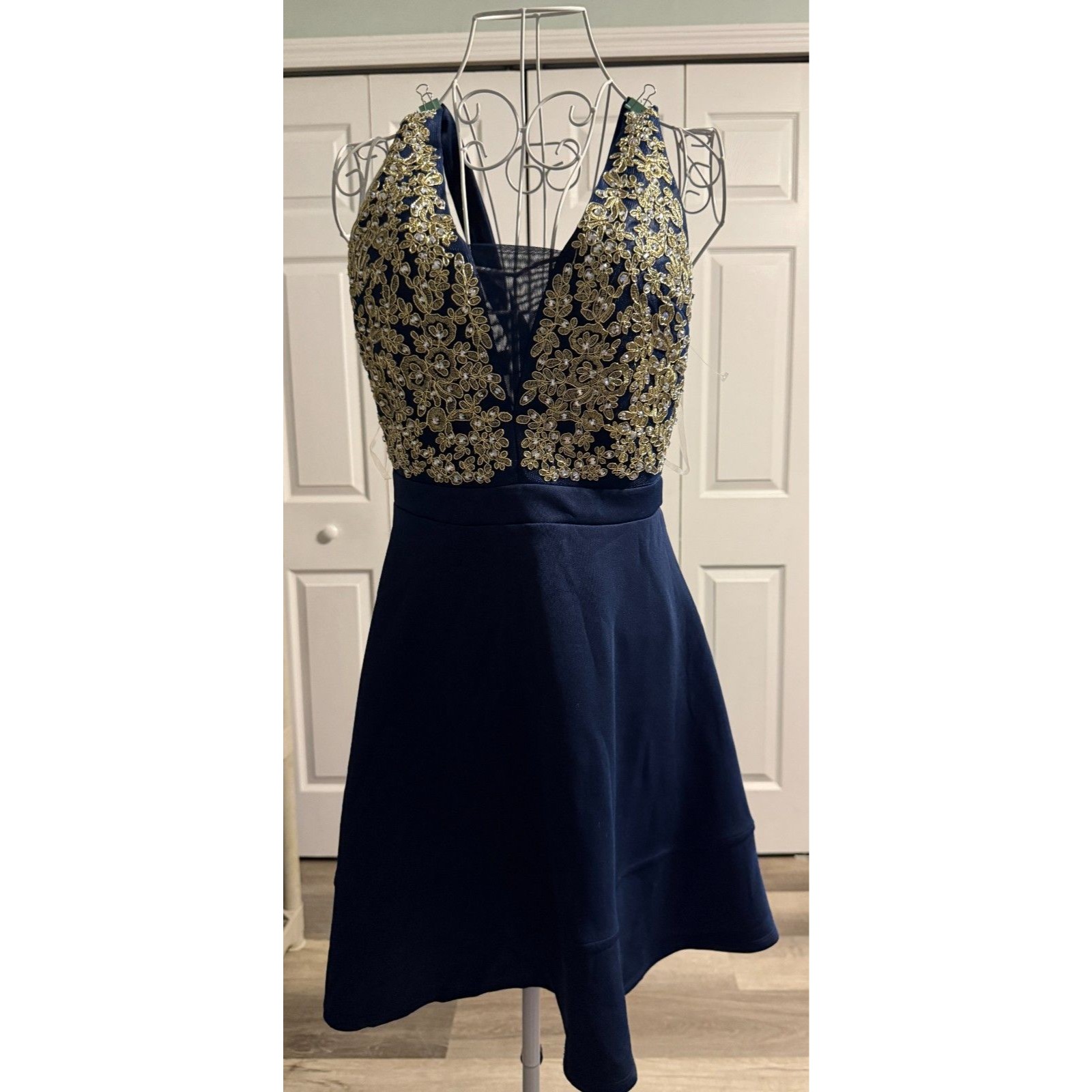 Honey And Rosie Navy Blue Prom Dress With Gold Lace And Gems, Size 7 Nwot Mint